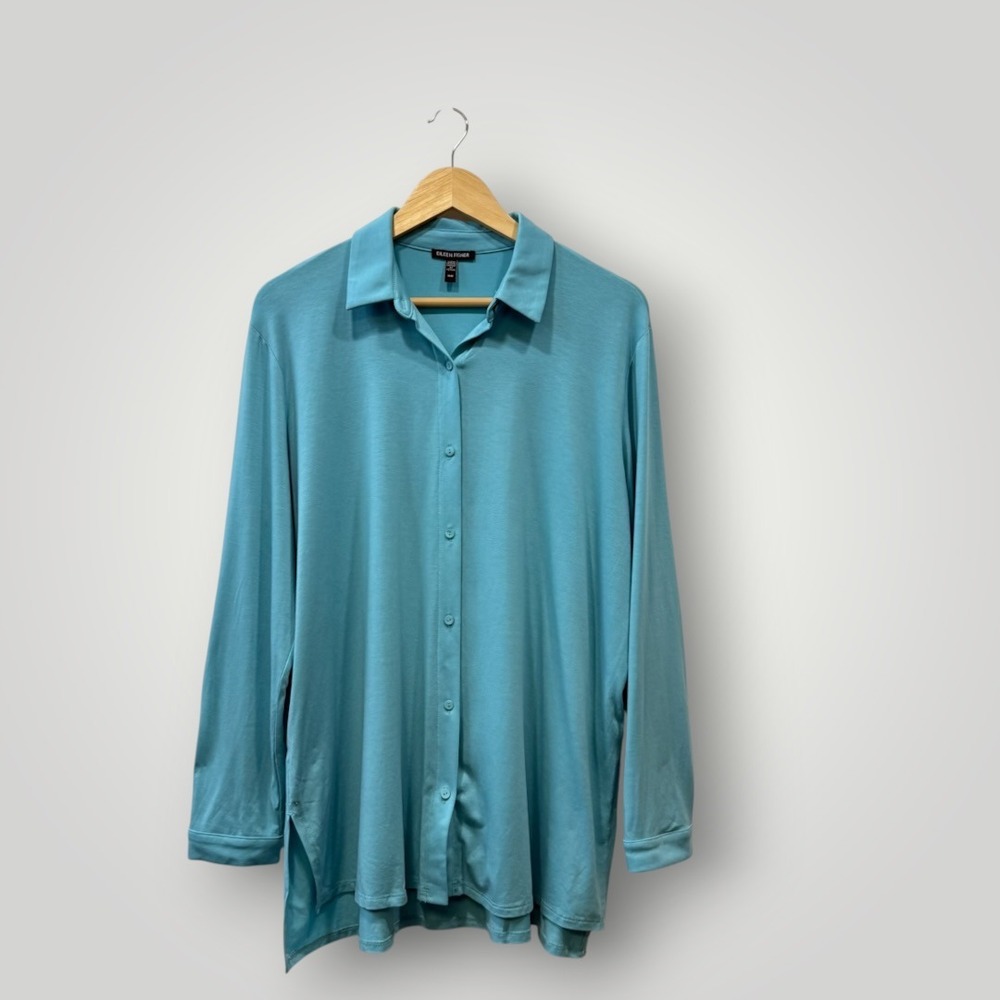 Eileen Fisher Tencel Lyocell Jersey Button Down Tunic Shirt Turquoise Blue M F23